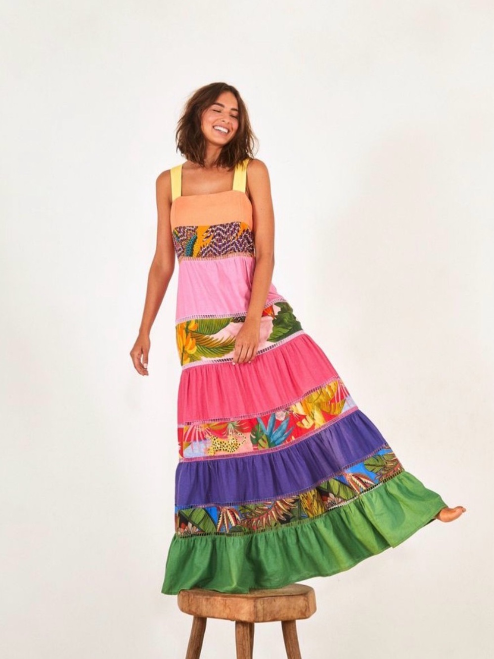 FARM Rio Multicolor Tiered Maxi Dress in Pink, Purple, Green, Yellow